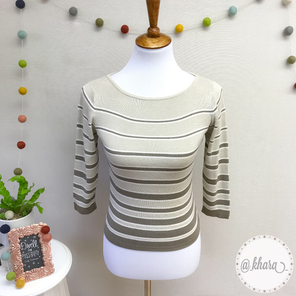 Beige Striped 3/4 Sleeve Lightweight Stretch-Knit - Picture 2 of 8